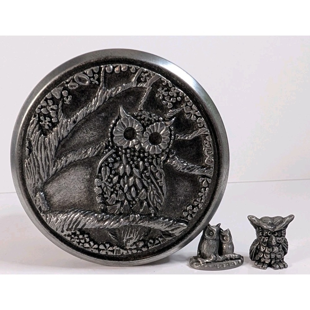 Vintage Pewter/Metal Miniature Owls Lot of 2 Mini Owl Figures, 1 Owl Trinket Box
